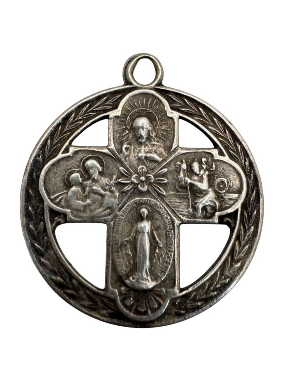 Sterling 4 Way Cross Medal Jesus Mary Joseph Christopher Large Pendant 1.5" Vtg